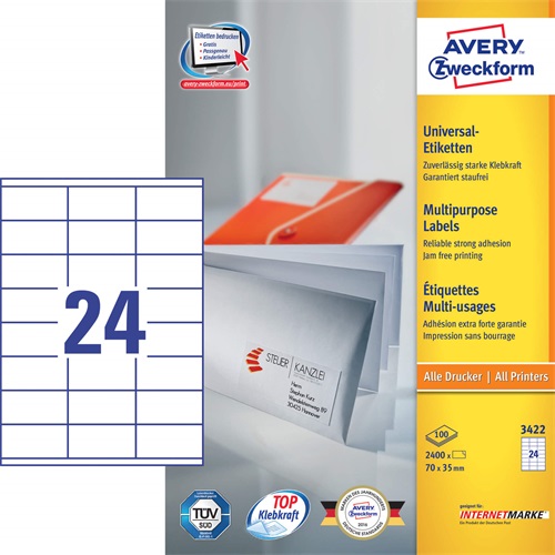 Etikett AVERY 3422 70x35mm univerzális 2400 címke/doboz 100 ív/doboz