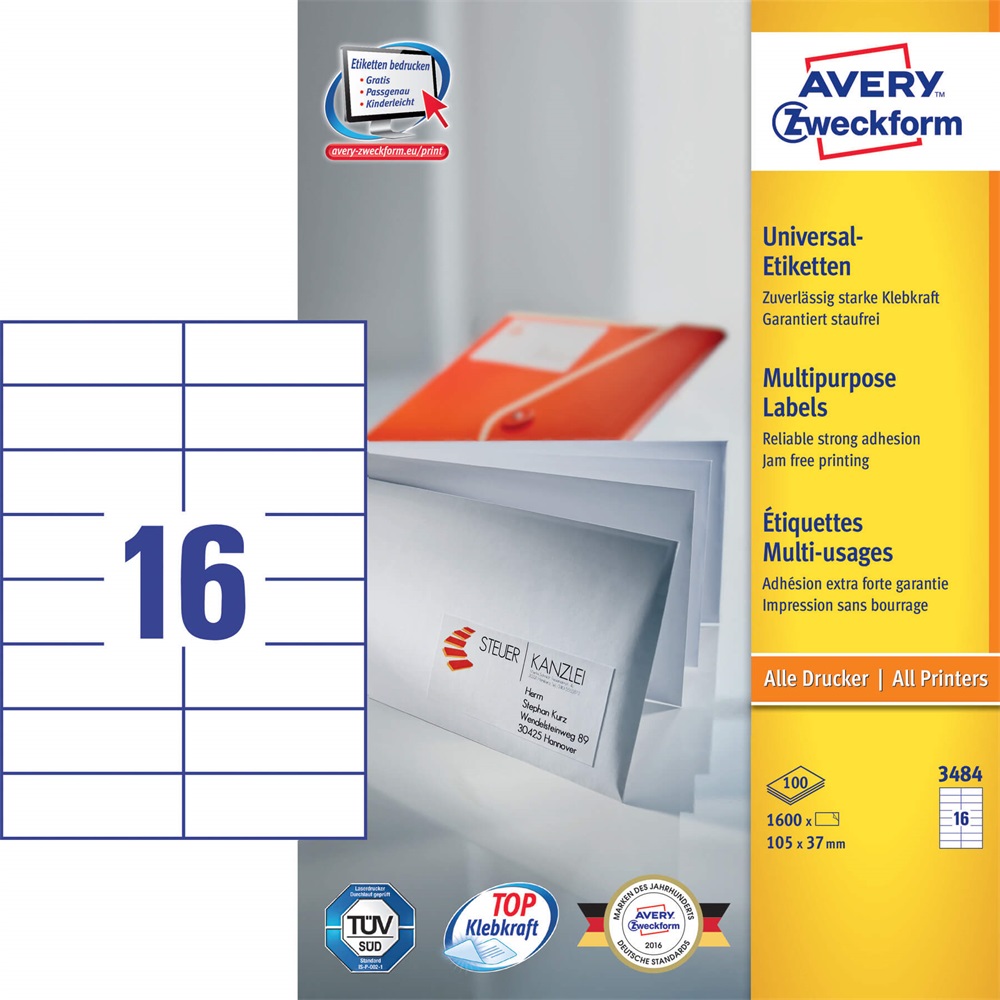 Etikett AVERY 3484 105x37mm univerzális 1600 címke/doboz 100 ív/doboz