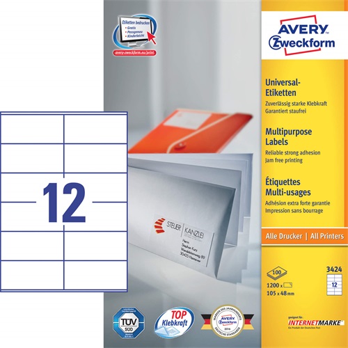 Etikett AVERY 3424 105x48mm univerzális 1200 címke/doboz 100 ív/doboz