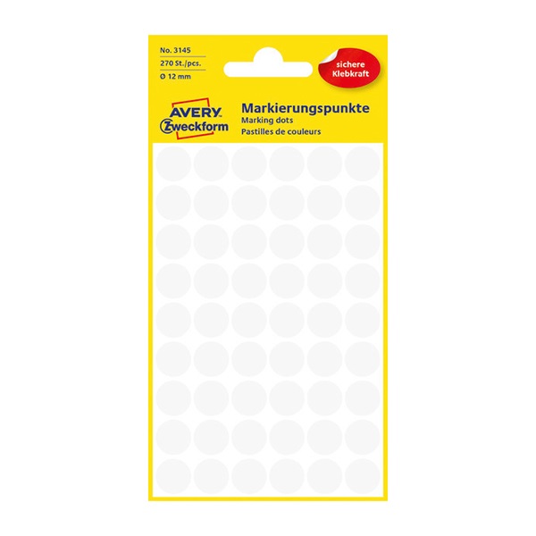 Etikett AVERY 3145 jelölőpont 12mm fehér 270 db/csomag