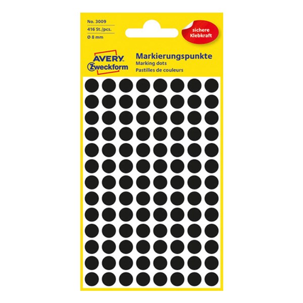 Etikett AVERY 3009 jelölőpont 8mm fekete 416 darabos