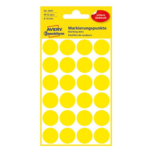 Etikett AVERY 3007 jelölőpont 18mm sárga 96 darabos