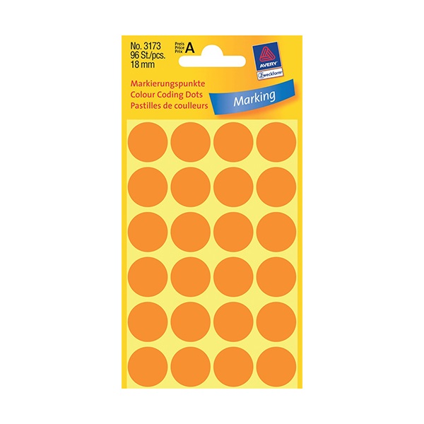 Etikett AVERY 3173 jelölőpont 18mm neon narancs 96 db/csomag