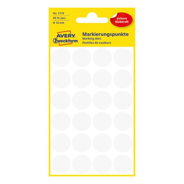 Etikett AVERY 3170 öntapadó jelölőpont fehér 18mm 96 jelölőpont/csomag