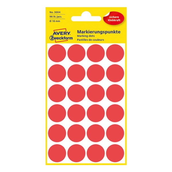 Etikett AVERY 3004 jelölőpont 18mm piros 96 darabos