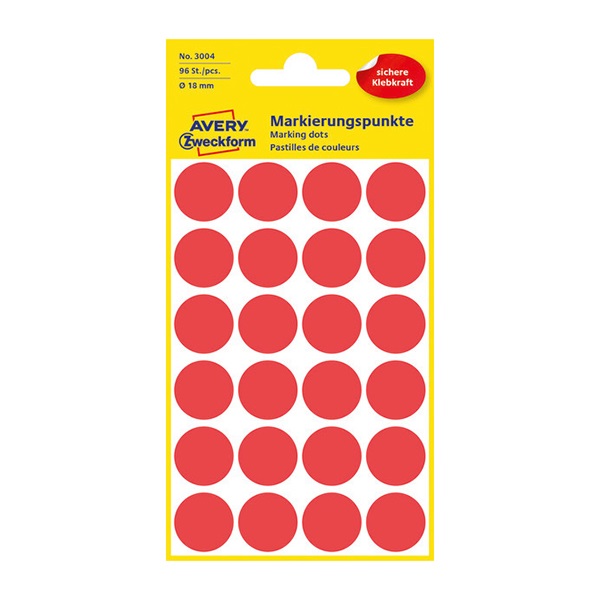 Etikett AVERY 3004 jelölőpont 18mm piros 96 db/csomag