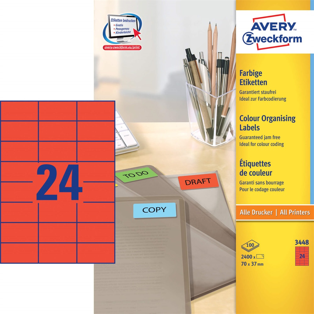 Etikett AVERY 3448 70x37mm univerzális piros 2400 címke/doboz 100 ív/doboz