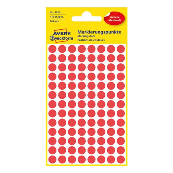 Etikett AVERY 3010 jelölőpont 8mm piros 416 darabos