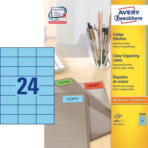 Etikett AVERY 3449 70x37mm univerzális kék 2400 címke/doboz 100 ív/doboz