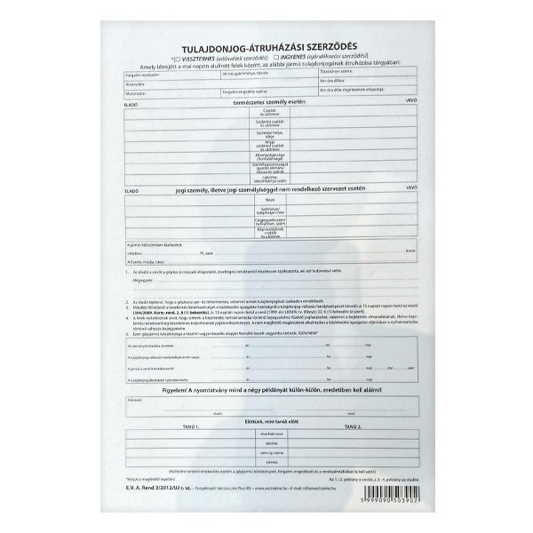 Nyomtatvány adásvételi (tulajdonjog-átruházási) szerződés személygépkocsihoz VECTRALINE A/4 álló 4 példányos