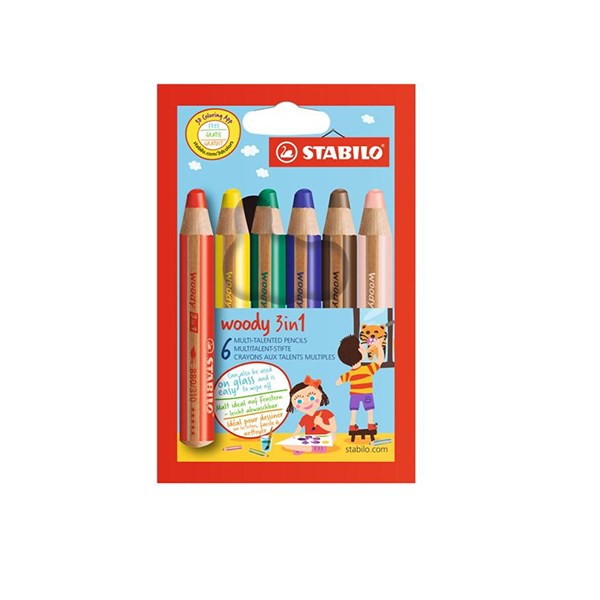 Színes ceruza STABILO Woody 3in1 hengeres vastag 6 darabos készlet