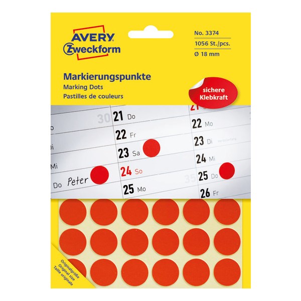 Etikett AVERY 3374 jelölőpont 18mm piros 96 darabos