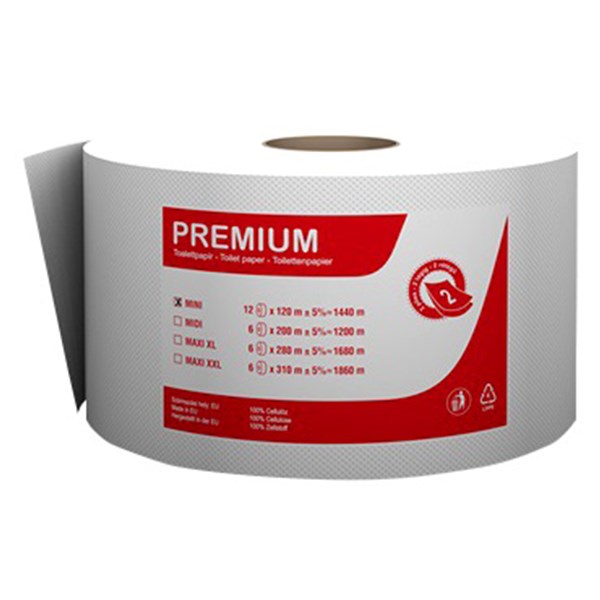 Toalettpapír VECTRALINE Premium Jumbo mini 19 cm 2 rétegű 120 m 100% cellulóz hófehér 12 tekercs/csomag