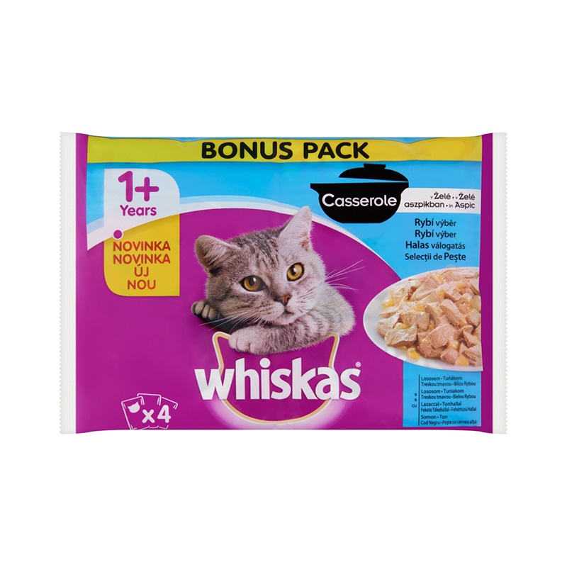 Állateledel alutasakos WHISKAS Casserole macskáknak 4-pack halas válogatás aszpikban 4x85g