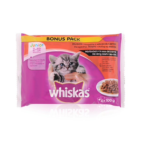 Állateledel alutasakos WHISKAS Junior macskáknak 4-pack húsos 4x100g