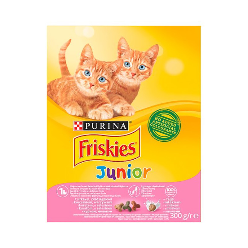 Állateledel száraz PURINA Friskies Junior macskáknak csirkével, zöldségkkel és tejjel 300g
