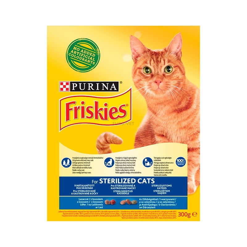 Állateledel száraz PURINA Friskies Sterilcat ivartalanított macskáknak lazaccal és zöldségekkel 300g