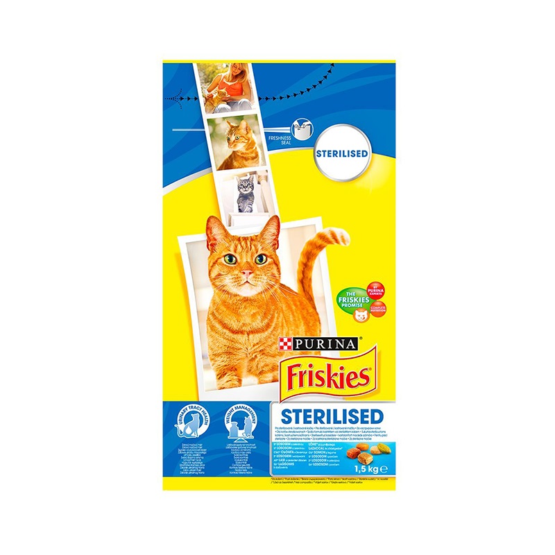 Állateledel száraz PURINA Friskies Sterilcat ivartalanított macskáknak lazaccal és zöldségekkel 1,5kg