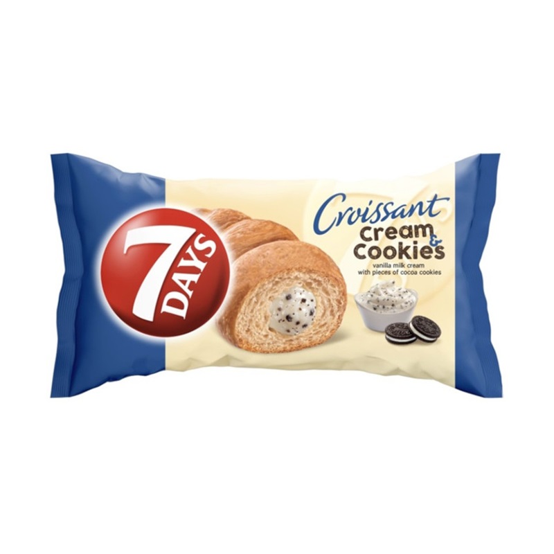Croissant 7DAYS Cream&Cookies vanília ízű krémmel töltött kakaós keksz darbokkal 60g