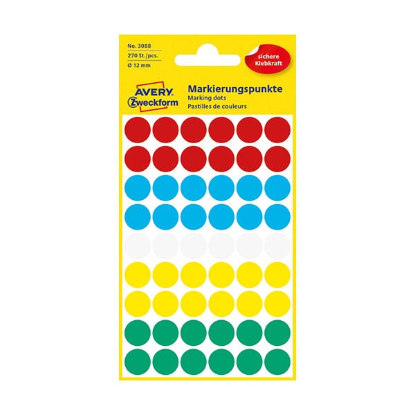 Etikett AVERY 3088 jelölőcimke 12mm 5 vegyes szín 270 címke/doboz 5 ív/doboz