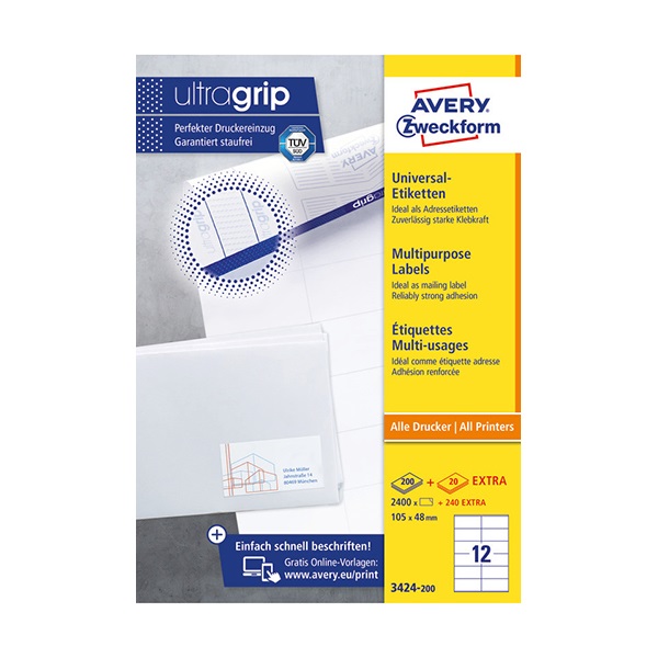 Etikett AVERY 3424-200 105x48 mm univerzális fehér 2640 címke/doboz 200+20 ív/doboz
