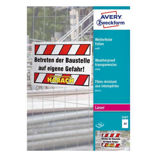 Írásvetítő fólia AVERY 3487 210x297 mm fehér időjárásálló 100 lapos
