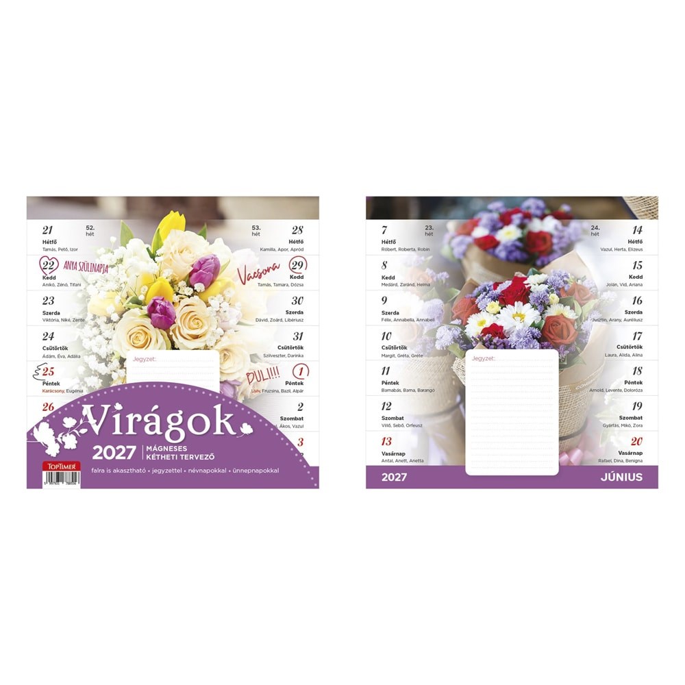 Falinaptár TOPTIMER T090 220x220mm 2 hetes mágneses Virágok 2027