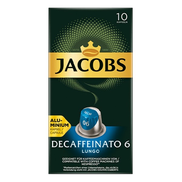 Kávékapszula JACOBS Nespresso Lungo 6 koffeinmentes 10 kapszula/doboz