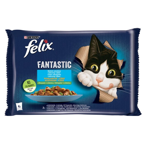 Állateledel alutasakos FELIX Fantastic macskáknak zöldséges halas válogatás aszpikban 4x85 g