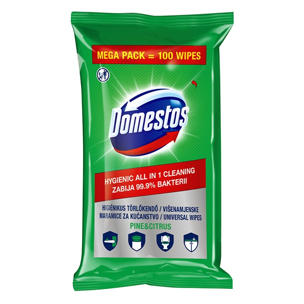 Fertőtlenítő törlőkendő DOMESTOS Pine 100 db