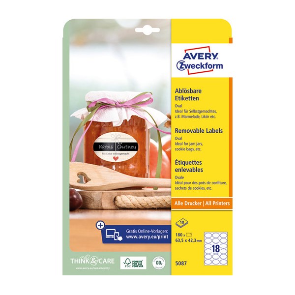 Etikett AVERY L5087 63,5x42,3 mm ovális visszaszedhető 10 lapos