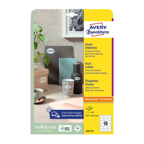 Etikett AVERY L6242-10 63,5x42,3 mm univerzális ovális 10 íves