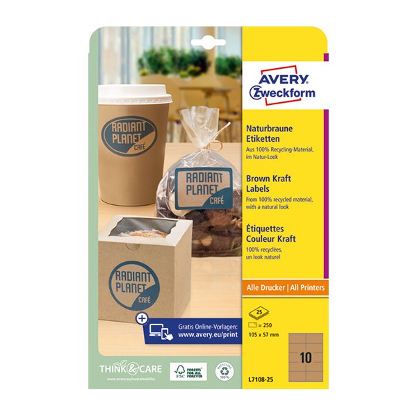 Etikett AVERY L7108-25 105x57 mm újrahasznosított barna kraft 25 íves