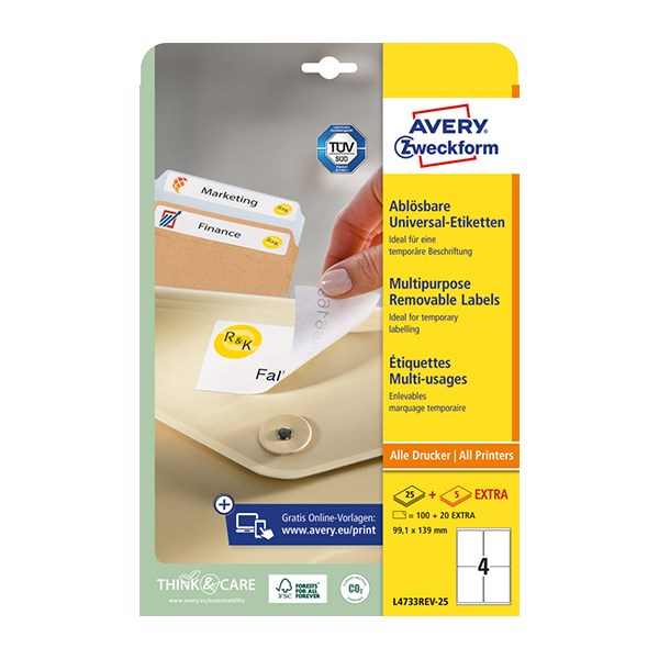 Etikett AVERY L4733REV-25 99,1x139 mm univerzális visszaszedhető 30 lapos