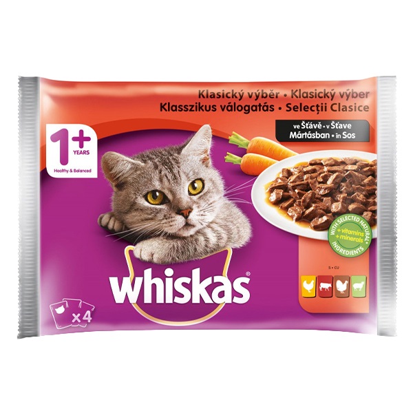 Állateledel alutasakos WHISKAS Casserole macskáknak 4-pack húsos csirke-marha-bárány-baromfi válogatás 4x85g