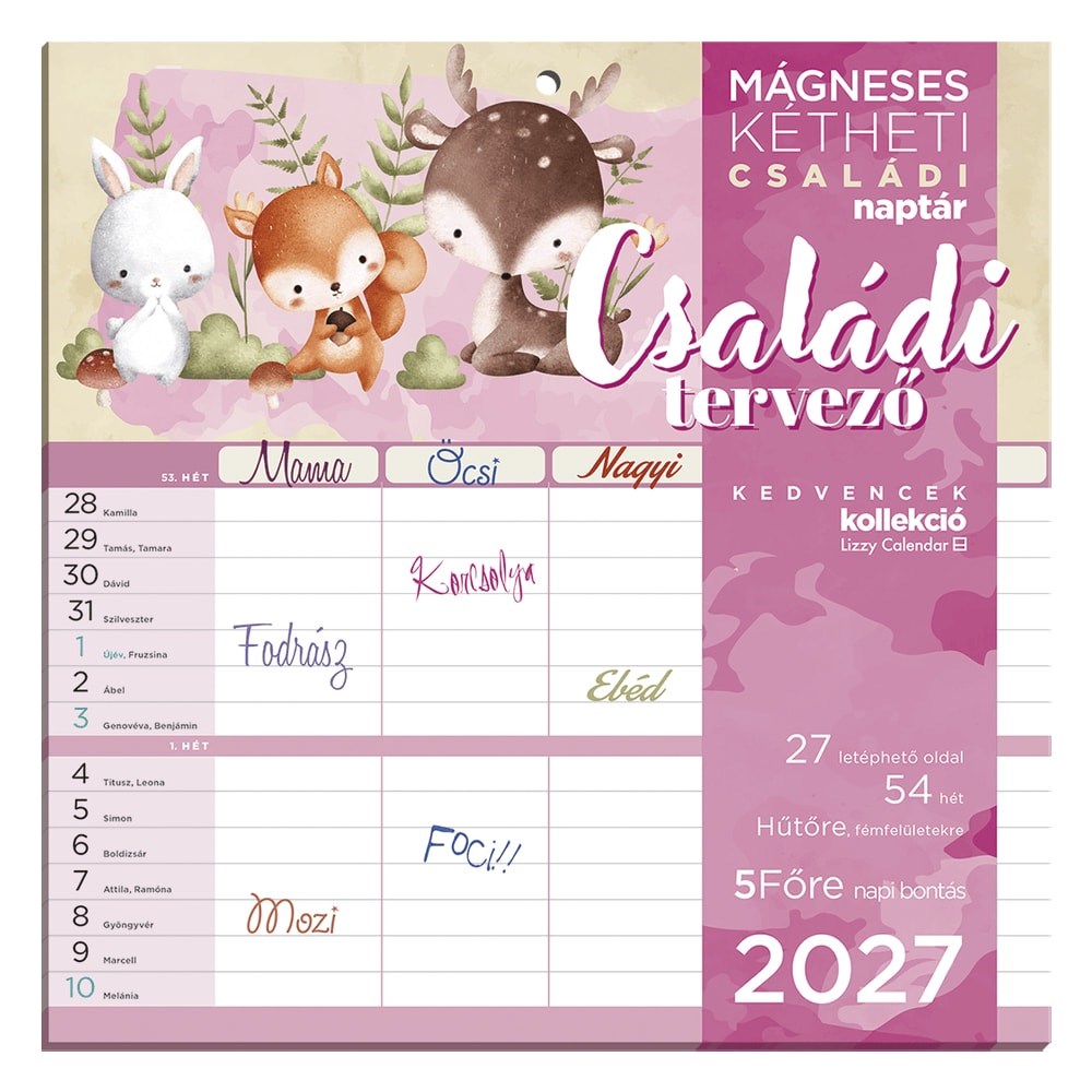 Falinaptár LIZZYCALENDAR 220x220mm 2 hetes mágneses Családi Tervező 2027